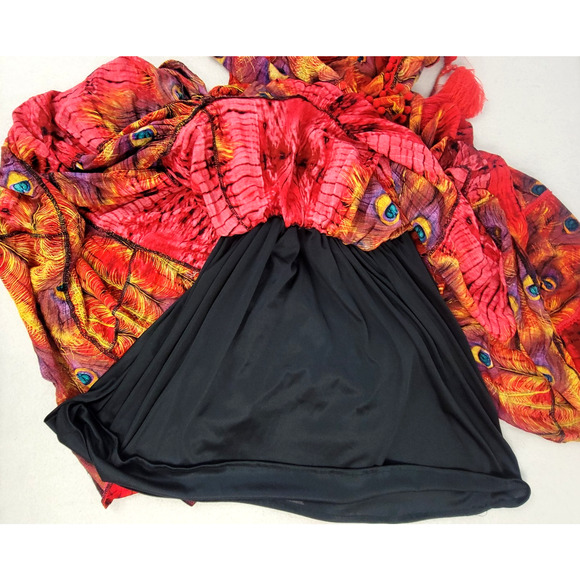 Rose by Paruay Boho Maxi Dress Red Peacock Feather Print Off Shoulder Tassel M/L - Picture 4 of 11